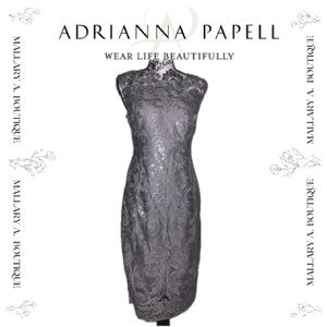 ADRIANNA PAPELL Silver Embroidered Jacquard lace & sequins knee length Dress